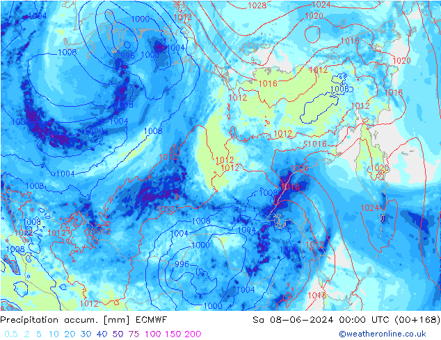 Precipitation accum. ECMWF Sa 08.06.2024 00 UTC