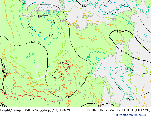 Geop./Temp. 850 hPa ECMWF jue 06.06.2024 06 UTC