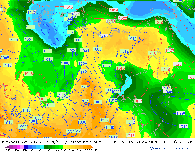 Thck 850-1000 hPa ECMWF czw. 06.06.2024 06 UTC