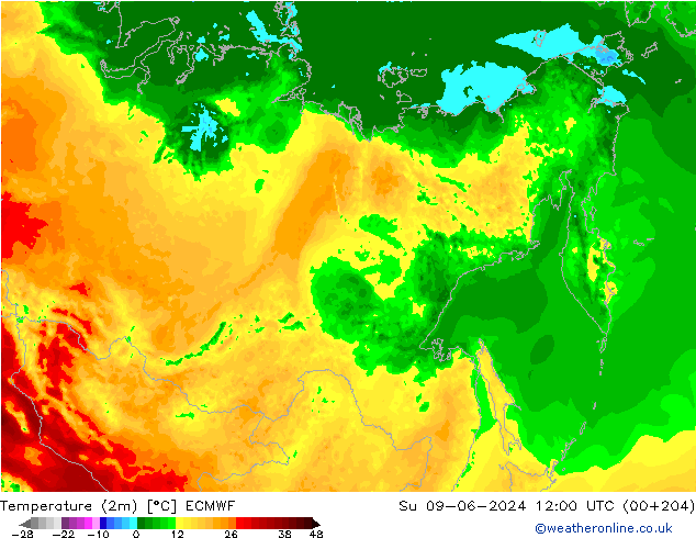 Sıcaklık Haritası (2m) ECMWF Paz 09.06.2024 12 UTC