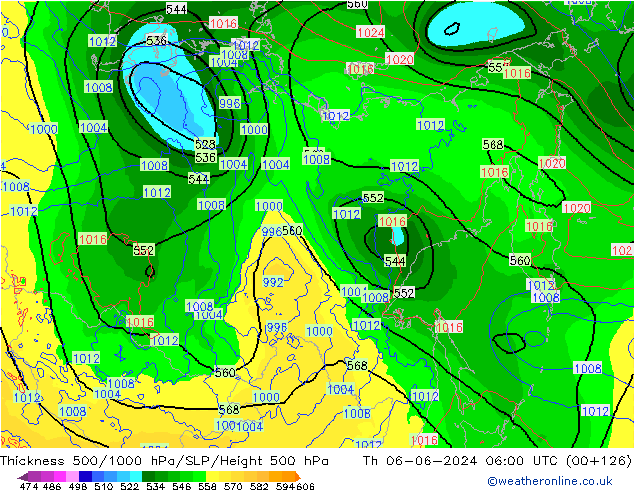 Espesor 500-1000 hPa ECMWF jue 06.06.2024 06 UTC