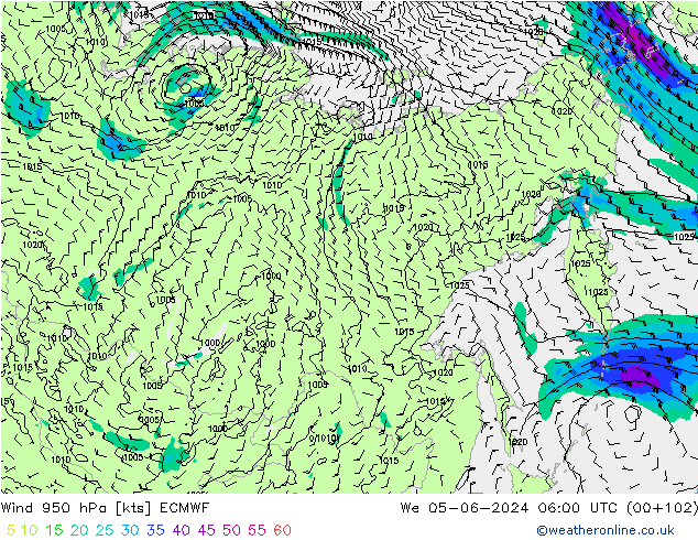 Vento 950 hPa ECMWF Qua 05.06.2024 06 UTC