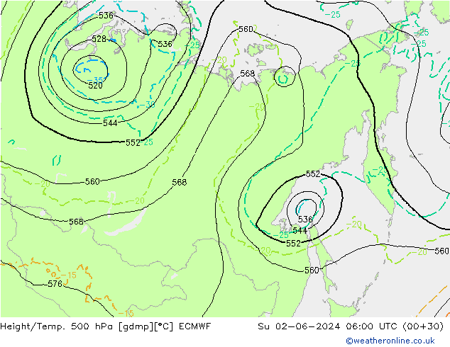 Z500/Rain (+SLP)/Z850 ECMWF Вс 02.06.2024 06 UTC