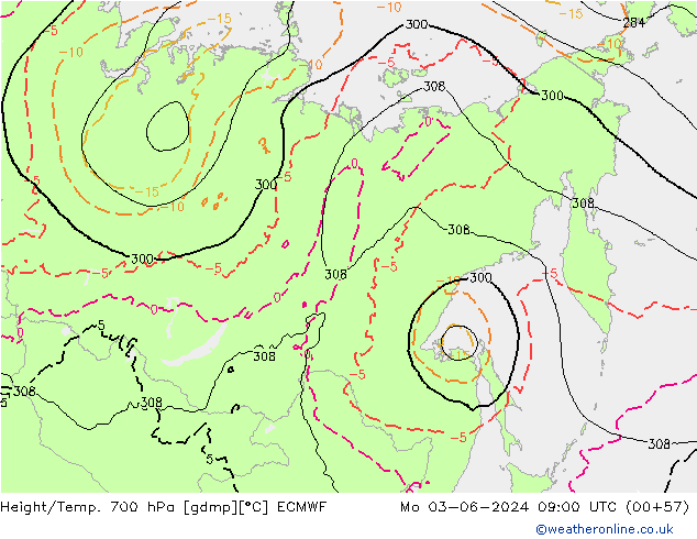 Height/Temp. 700 hPa ECMWF Mo 03.06.2024 09 UTC