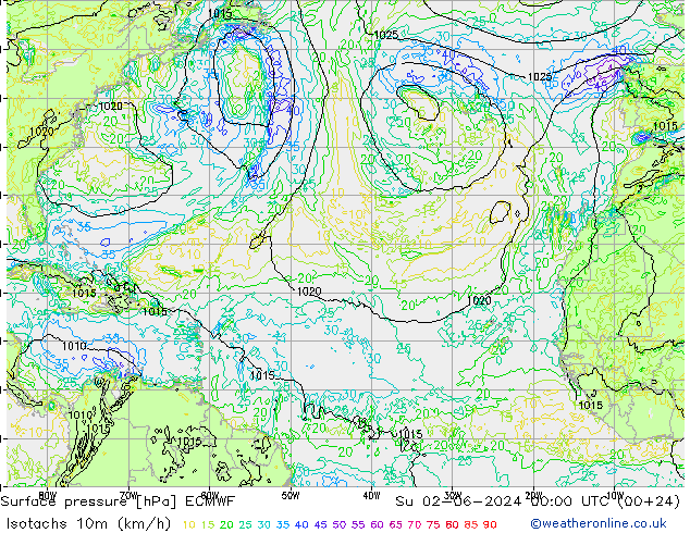 Isotachen (km/h) ECMWF zo 02.06.2024 00 UTC