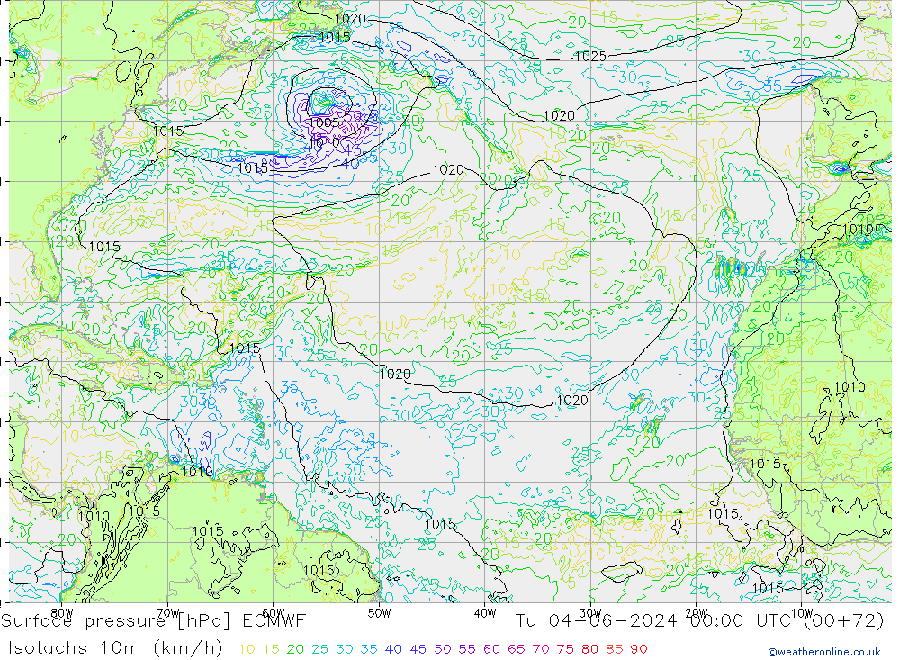 Isotachs (kph) ECMWF вт 04.06.2024 00 UTC