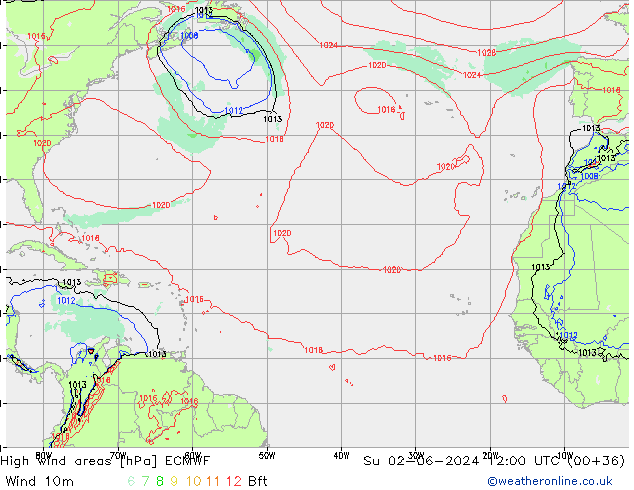 High wind areas ECMWF Dom 02.06.2024 12 UTC