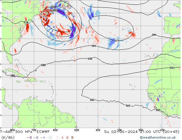 T-Adv. 500 hPa ECMWF dom 02.06.2024 21 UTC