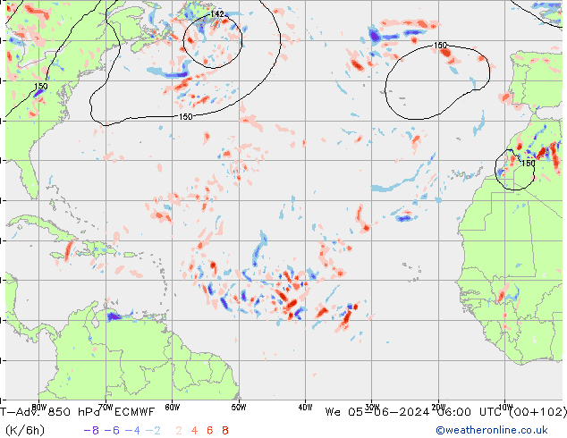 T-Adv. 850 hPa ECMWF mer 05.06.2024 06 UTC