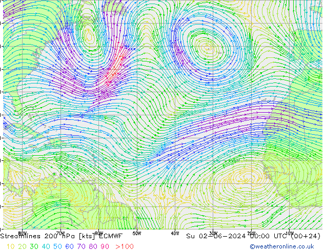 Streamlines 200 hPa ECMWF Ne 02.06.2024 00 UTC