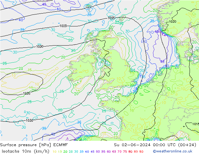 Isotachs (kph) ECMWF  02.06.2024 00 UTC