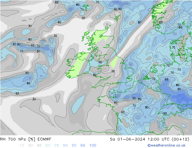 Humidité rel. 700 hPa ECMWF sam 01.06.2024 12 UTC