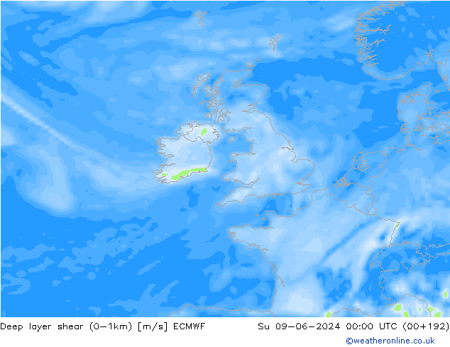 Deep layer shear (0-1km) ECMWF dom 09.06.2024 00 UTC