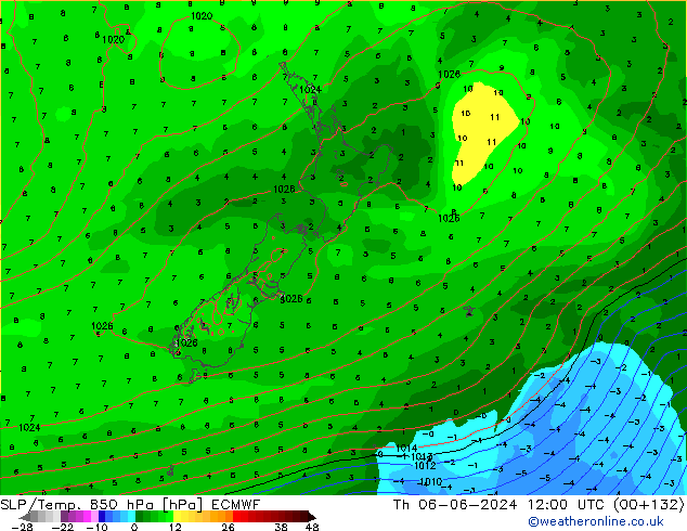 SLP/Temp. 850 hPa ECMWF czw. 06.06.2024 12 UTC