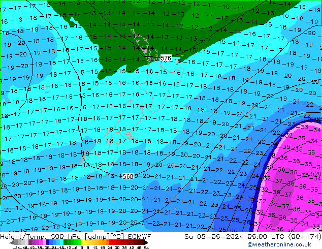 Height/Temp. 500 hPa ECMWF so. 08.06.2024 06 UTC