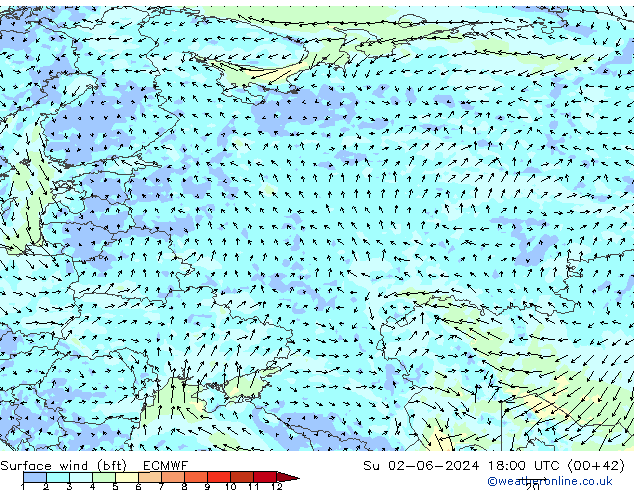 Wind 10 m (bft) ECMWF zo 02.06.2024 18 UTC