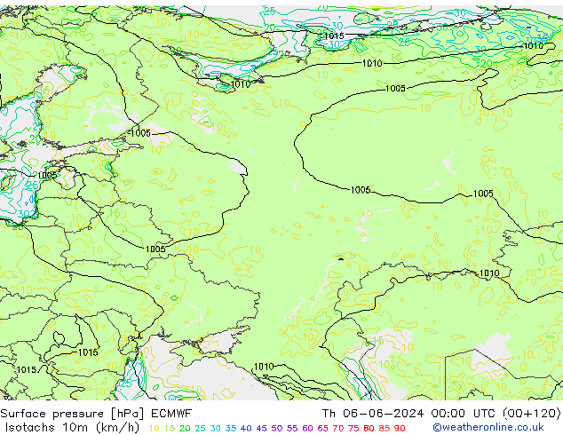 Isotachs (kph) ECMWF gio 06.06.2024 00 UTC