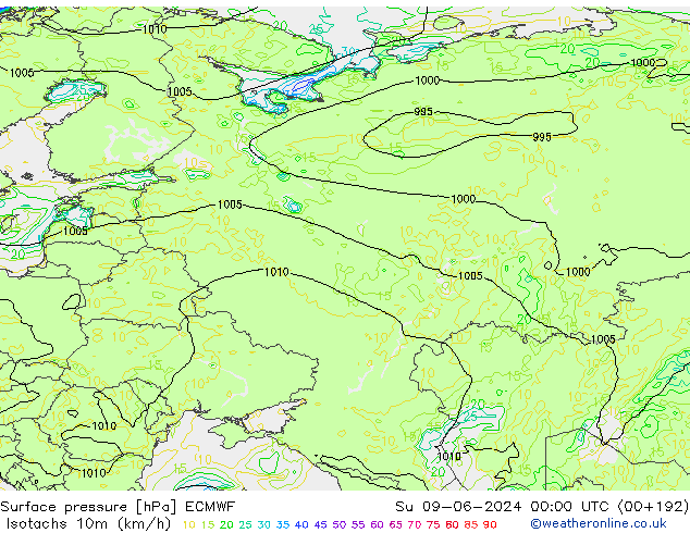 Isotachs (kph) ECMWF Su 09.06.2024 00 UTC