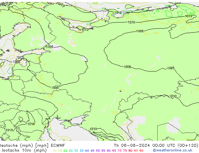Isotachs (mph) ECMWF Th 06.06.2024 00 UTC