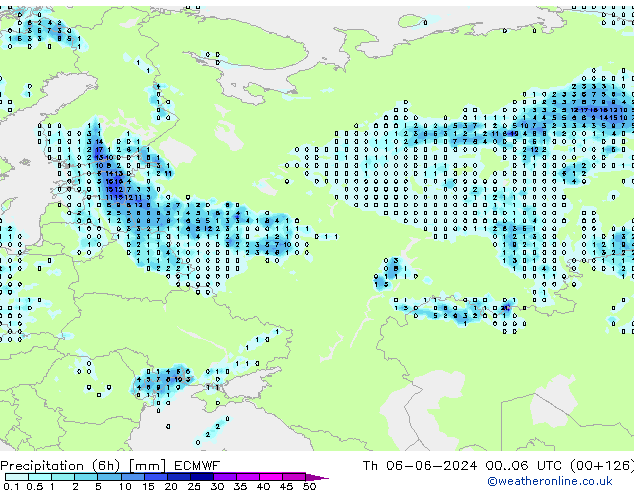 Precipitation (6h) ECMWF Čt 06.06.2024 06 UTC