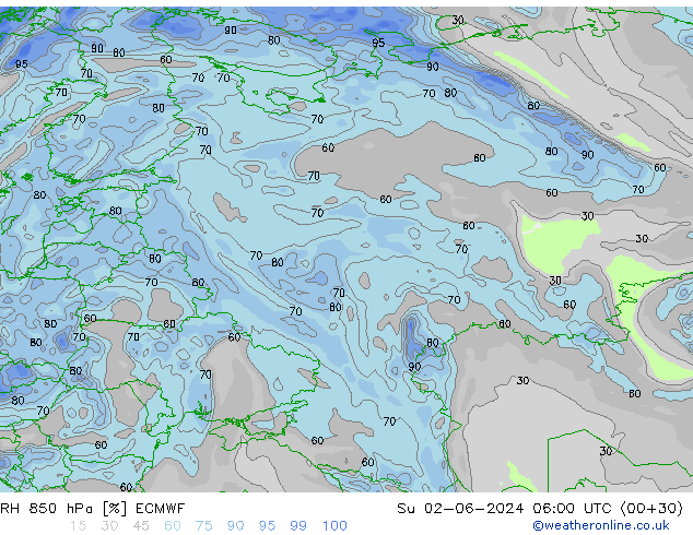 RH 850 hPa ECMWF Su 02.06.2024 06 UTC