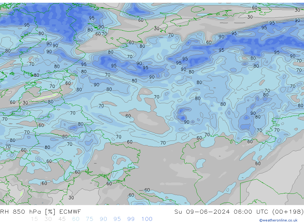 Humidité rel. 850 hPa ECMWF dim 09.06.2024 06 UTC