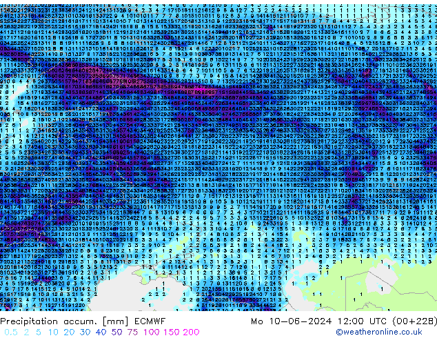 Totale neerslag ECMWF ma 10.06.2024 12 UTC
