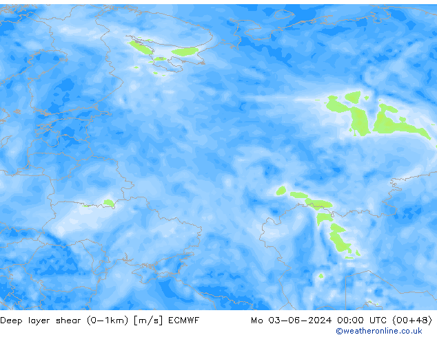 Deep layer shear (0-1km) ECMWF ma 03.06.2024 00 UTC
