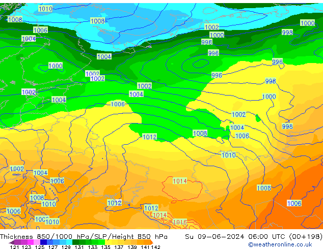 Thck 850-1000 hPa ECMWF nie. 09.06.2024 06 UTC