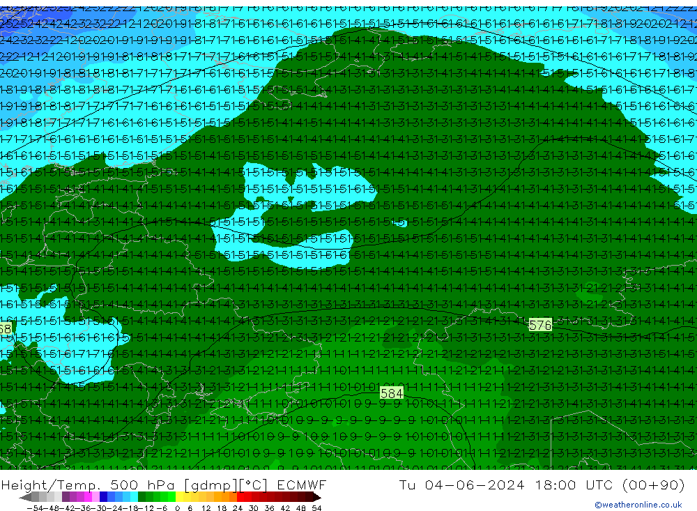 Z500/Rain (+SLP)/Z850 ECMWF Út 04.06.2024 18 UTC