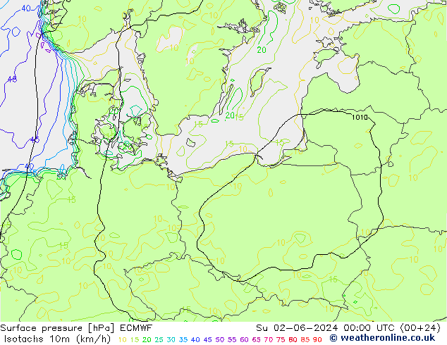 Isotachs (kph) ECMWF  02.06.2024 00 UTC