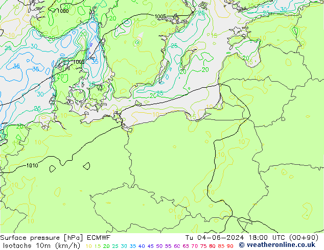 Isotachs (kph) ECMWF Tu 04.06.2024 18 UTC