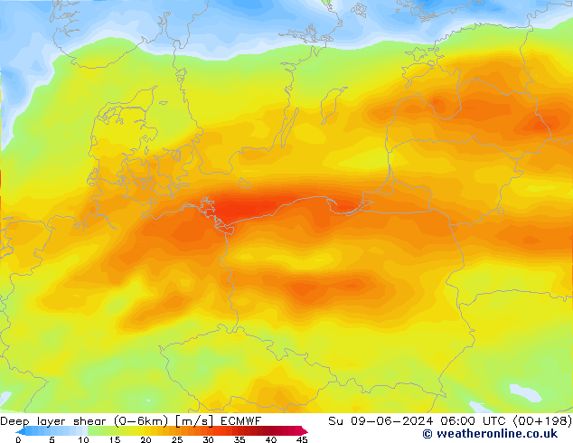 Deep layer shear (0-6km) ECMWF zo 09.06.2024 06 UTC