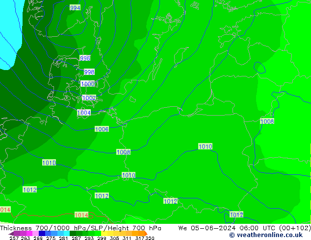 Thck 700-1000 hPa ECMWF mer 05.06.2024 06 UTC