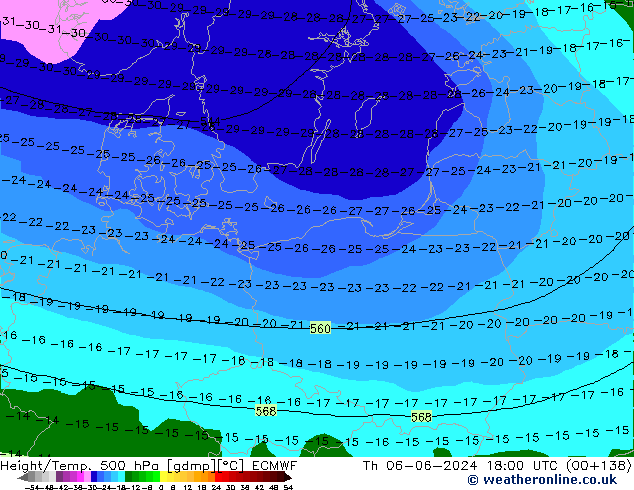 Z500/Rain (+SLP)/Z850 ECMWF gio 06.06.2024 18 UTC