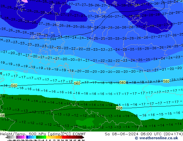 Z500/Rain (+SLP)/Z850 ECMWF Sa 08.06.2024 06 UTC