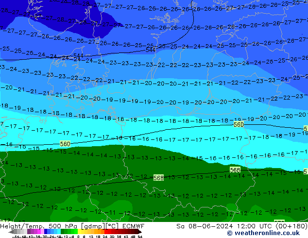 Height/Temp. 500 hPa ECMWF sab 08.06.2024 12 UTC