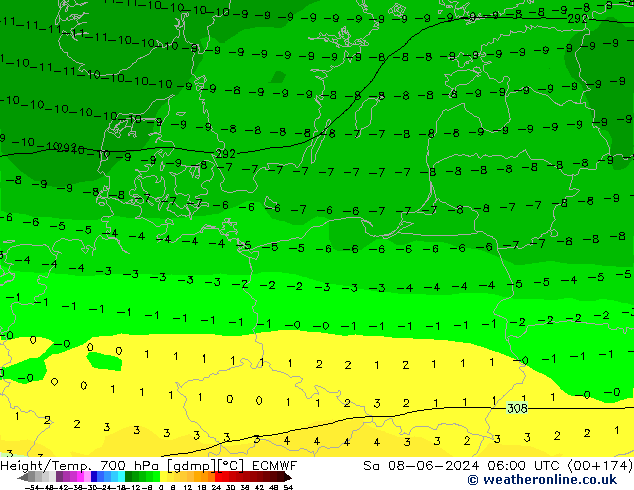 Height/Temp. 700 hPa ECMWF sab 08.06.2024 06 UTC