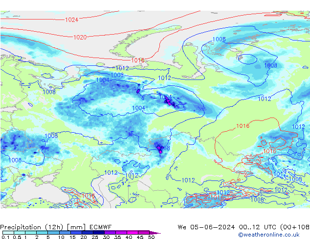 Totale neerslag (12h) ECMWF wo 05.06.2024 12 UTC