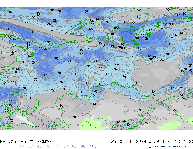 RH 925 гПа ECMWF ср 05.06.2024 06 UTC