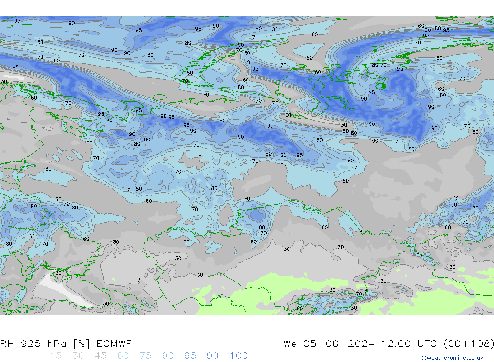 Humidité rel. 925 hPa ECMWF mer 05.06.2024 12 UTC