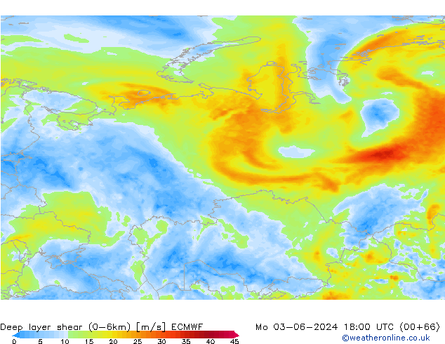 Deep layer shear (0-6km) ECMWF Seg 03.06.2024 18 UTC