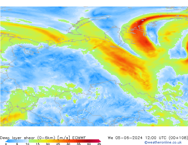 Deep layer shear (0-6km) ECMWF wo 05.06.2024 12 UTC