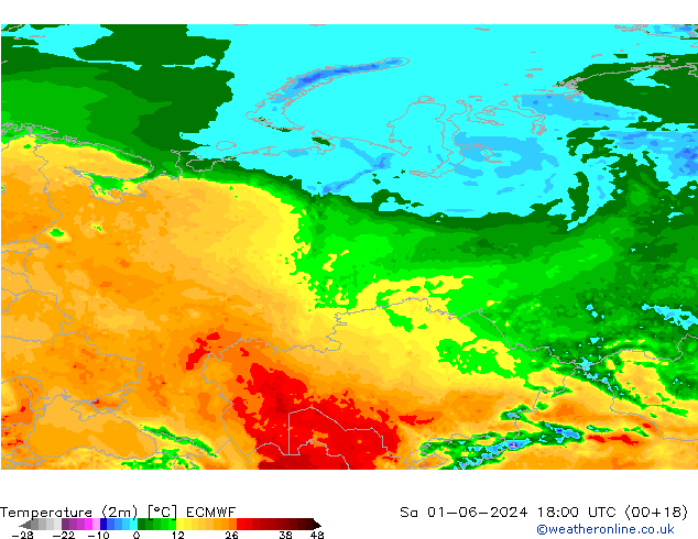 Temperature (2m) ECMWF Sa 01.06.2024 18 UTC