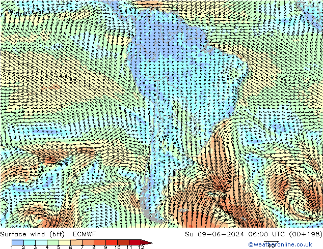 Viento 10 m (bft) ECMWF dom 09.06.2024 06 UTC