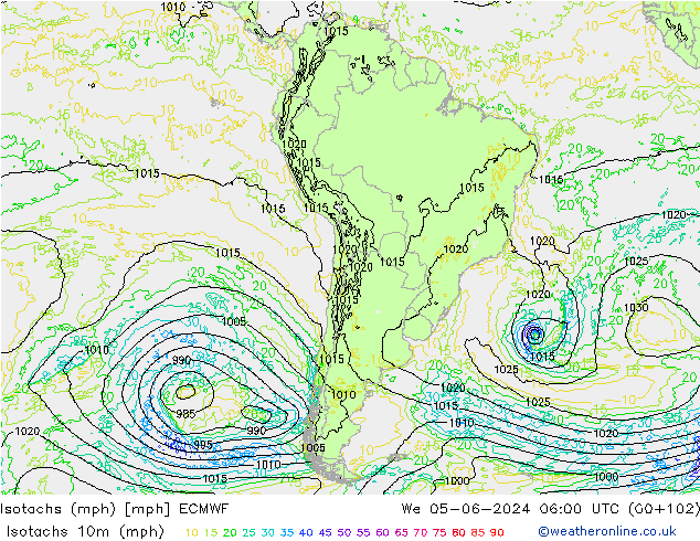 Isotachs (mph) ECMWF mer 05.06.2024 06 UTC