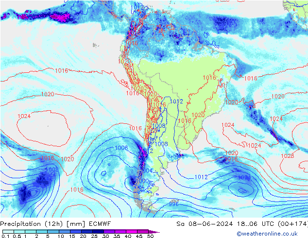 Precipitation (12h) ECMWF Sa 08.06.2024 06 UTC