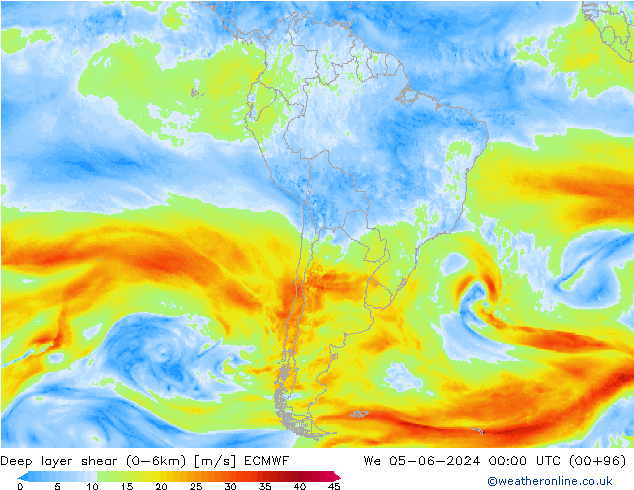 Deep layer shear (0-6km) ECMWF We 05.06.2024 00 UTC