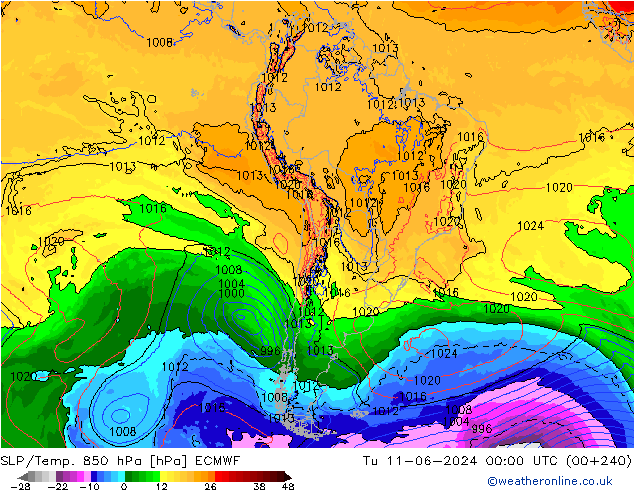 SLP/Temp. 850 hPa ECMWF Tu 11.06.2024 00 UTC