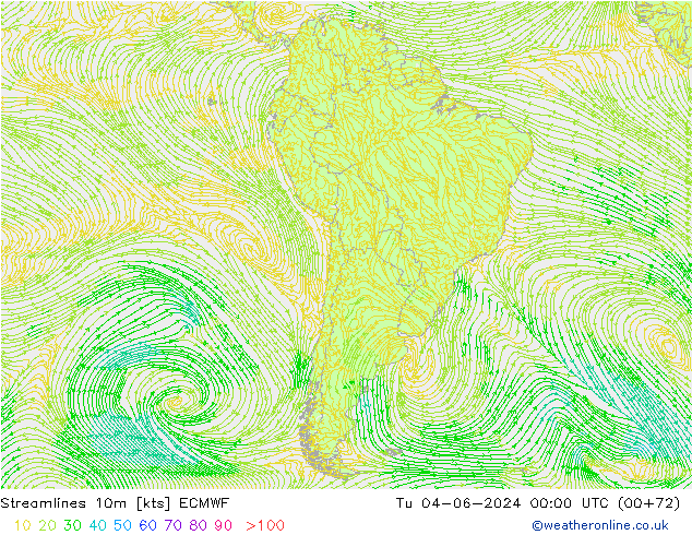 Linia prądu 10m ECMWF wto. 04.06.2024 00 UTC